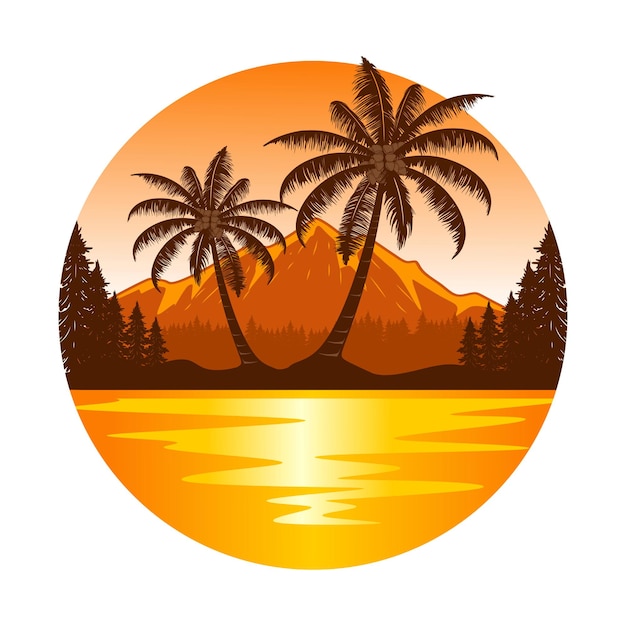 berg en zonsondergang logo inspiratie ontwerp. concept van strand, palmbomen en zonsondergang.