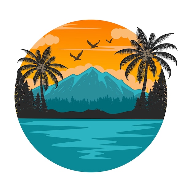 berg en zonsondergang logo-ontwerp. zonsondergang, bergen, palmbomen en strand.