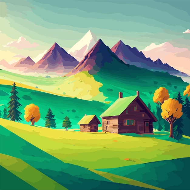 Berg groene veld alpine landschap natuur met houten huizen illustratie in vector egale kleur st
