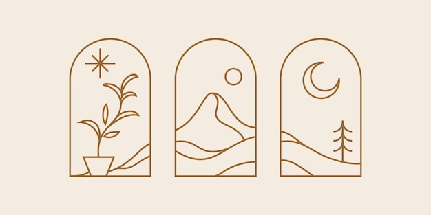 berg heuvellandschap Boheemse lijn illustratie logo kunst iconen en symbolen zon en maan keerkring