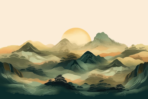 Berg in oosterse stijl achtergrondvector Minimalistisch landschapsontwerp van bergen met een aquarelpenseel en artistieke textuur voor prints decoratie Vector