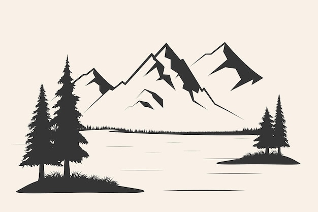 Berg met pijnbomen en landschap zwart op witte achtergrond Vector illustratie berg met pijnbomen op witte achtergrond Berg verctor illustratie