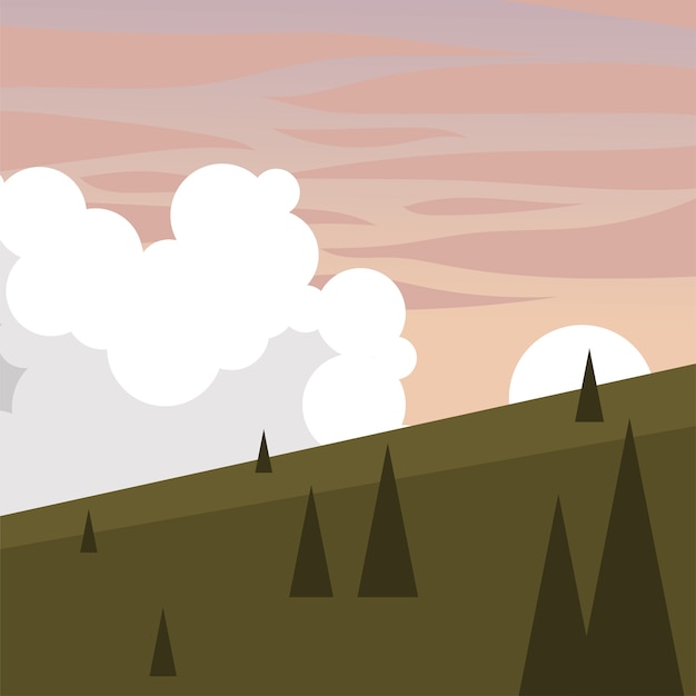 Vector berg met pijnbomen en wolkenontwerp, landschapsnatuuromgeving en buitenthema