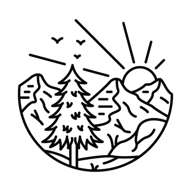 Berg natuur avontuur wilde klif zonsopgang lijn grafische illustratie t-shirt design
