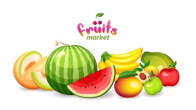 Berg van vruchten op een witte achtergrond, fruit markt winkel logo, afbeelding.