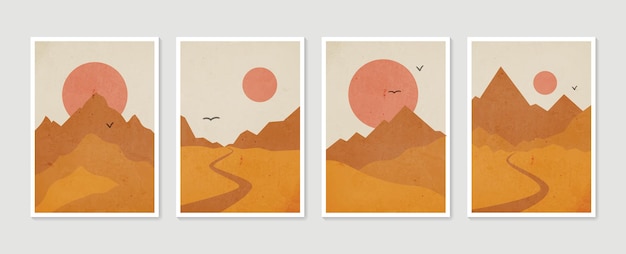 Berg wall art set. aardetinten landschappen met maan en zon.