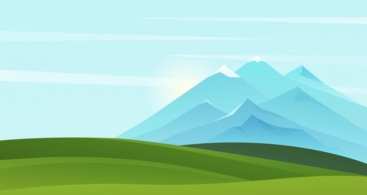 Vector berg zomer landschap illustratie. cartoon bergachtige natuurlijke eenvoudige landschap achtergrond met schilderachtige grasvelden op heuvels en bergen aan de horizon, zonnige natuur scène zomer