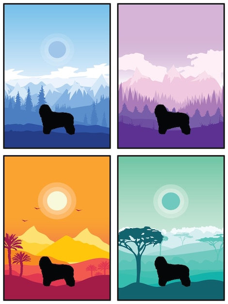 Bergamasco Hondenras Silhouet Zonsondergang Bos Natuur Achtergrond 4 Posters Stickers Kaarten