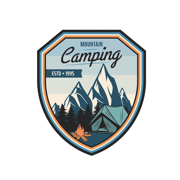 Bergcamping vectorpictogram met toeristenkamptent en kampvuur op de achtergrond van het natuurlandschap met bergketen en dennenbos. outdooravontuur, reizen, wandelexpeditie, trekkingontwerp