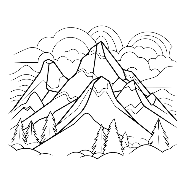 Vector bergen met bomen en wolken voor kleurboek