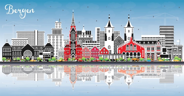 Skyline della città di bergen in norvegia con edifici di colore, cielo blu e riflessi, illustrazione vettoriale paesaggio urbano di bergen con punti di riferimento, viaggi d'affari e turismo, concetto con architettura storica