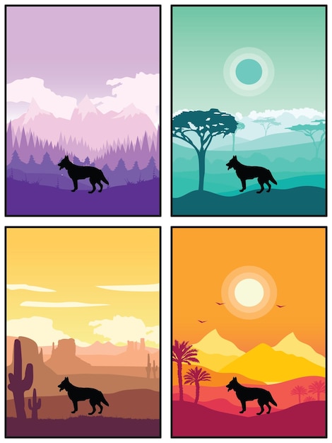 Vector berger blanc suisse hondenras silhouet zonsondergang bos natuur achtergrond 4 posters stickers kaarten