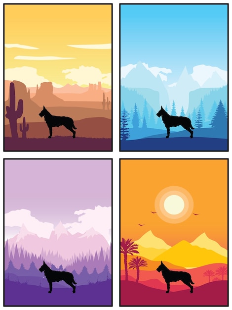 Berger Picard Hondenras Silhouet Zonsondergang Bos Natuur Achtergrond 4 Posters Stickers Kaarten