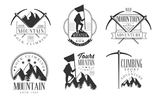 Bergklimmen retro logo set klimmen sport avonturen monochrome badges vector illustratie