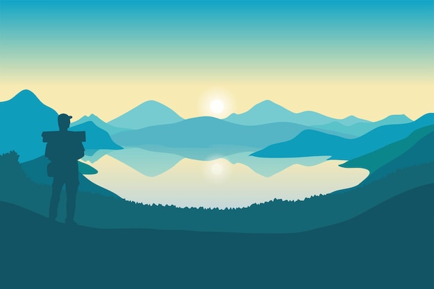 Berglandschap en meer vectorillustratie, silhouet van een man die bij zonsopgang naar het natuurlijke landschap kijkt