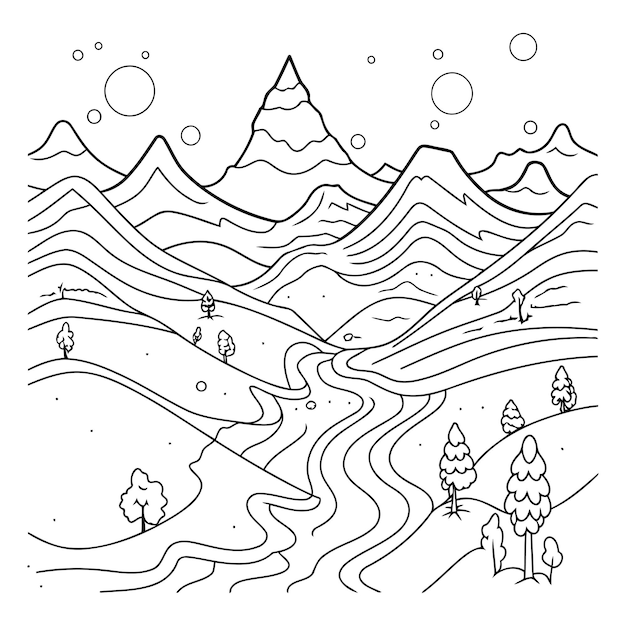 Berglandschap in zwart-wit vector illustratie voor kleurboek