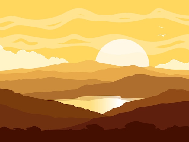 Berglandschap met enorm meer bij gele zonsondergang Wilde natuur bij zonsondergang Vectorillustratie