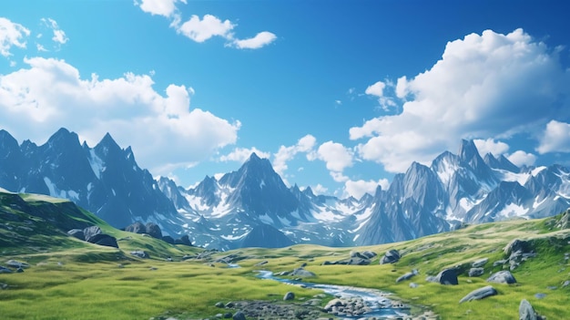 Vector berglandschap met groen gras en blauwe lucht 3d-weergave