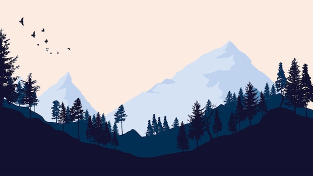 Berglandschap met pijnbomen. Vector illustratie.