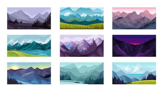 Berglandschap met toppen en rotsachtige heuvels vector illustratie set