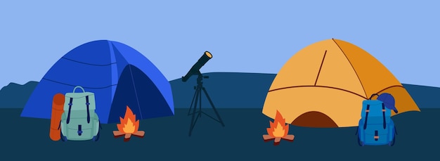 Berglandschap Zomercamping vectorillustratie Tentvuur en natuur bewerkbare achtergrond