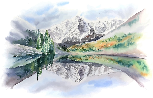 Bergmeer landschap aquarel illustratie water reflectie