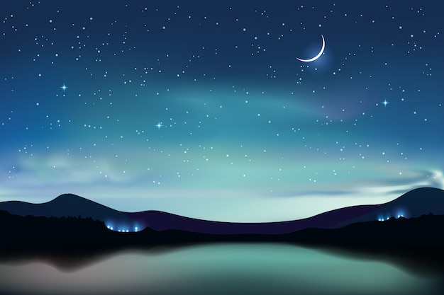 Bergmeer met donkere turkooise sterrige hemel en een toenemende maan, de realistische achtergrond van de nachthemel, illustratie.
