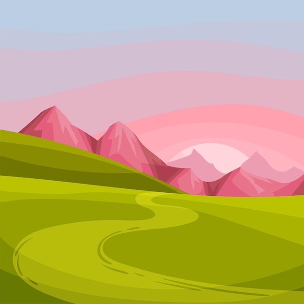 Bergpieken kronkelende landelijke weg en zonsondergang als groene landschap vector illustratie