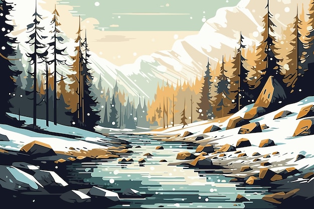 Bergrivier Sneeuw Bos Blauwe Hemel Prachtige Natuur Landschap Wallpaper Illustratie Achtergrond