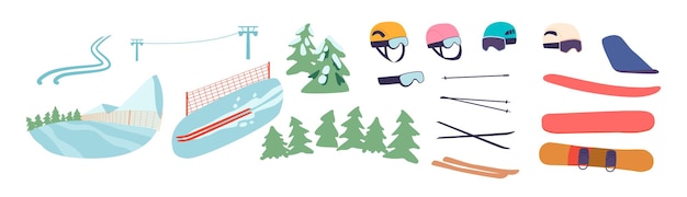 Bergslalomartikelenset omvat stevige ski's, hoogwaardige bindingen, skistokken en een goed passende helm, cruciaal voor precisieskiën op uitdagende alpinecursussen, cartoon vectorillustratie