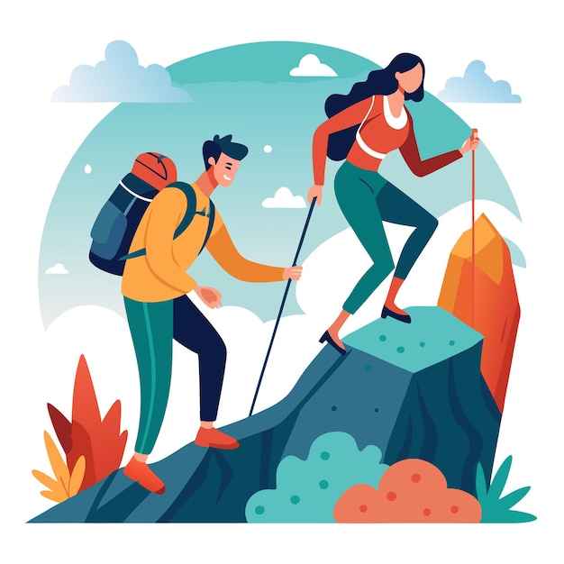 Bergwandeling avontuur met twee klimmers vector ontwerp