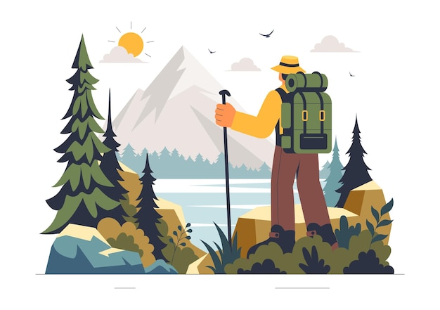 Bergwandeling Vector Illustratie met mensen met rugzakken en wandelstokken Trekking op een pad in een vreedzaam berglandschap