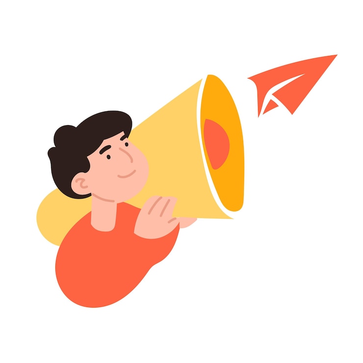 Vector berichten verzenden correspondentie dialoog sociale netwerken account chat bericht envelop papieren vliegtuig gesprek delen met vriend vlakke stijl man in een oranje t-shirt op een witte achtergrond