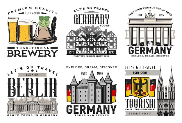 Vector berlin city tours beer and landmark icons