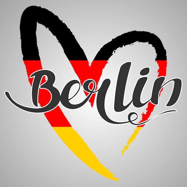 Berlin lettering. hand written berlin. modern hand lettering. vector illustration. flag of germany in the form of heart