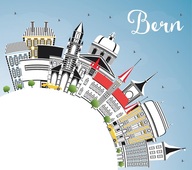 Bern Switzerland City Skyline with Color Buildings, Blue Sky and Copy Space. Vector Illustration. Business Travel and Tourism Concept with Historic Architecture. Bern Cityscape with Landmarks.