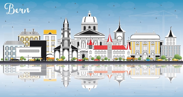 Orizzonte della città di berna svizzera con edifici di colore, cielo blu e riflessi. illustrazione di vettore. viaggi d'affari e concetto di turismo con architettura storica. paesaggio urbano di berna con punti di riferimento.