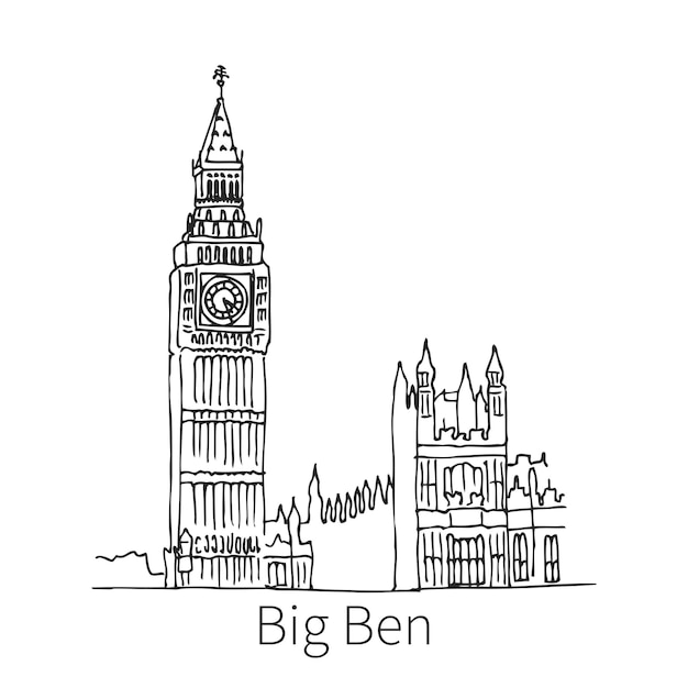 Beroemde big ben tekening schets illustratie in londen. vector illustratie