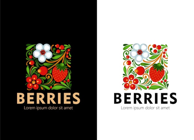 Berries and flowers a multicoloured emblem a logo in a square shape Vector illustration