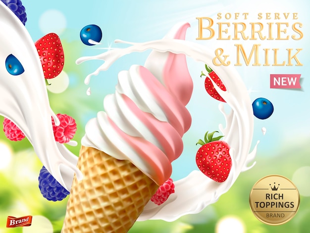 Vector berries and milk soft serve ads illustration