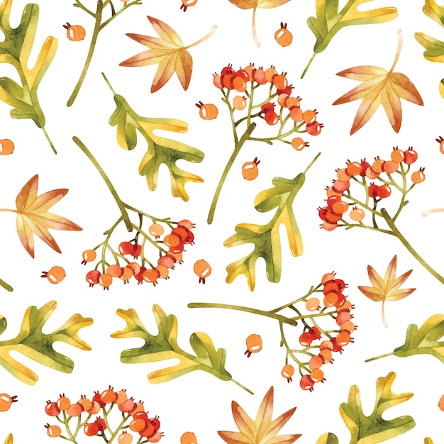 Berries and oak leaves watercolor seamless pattern