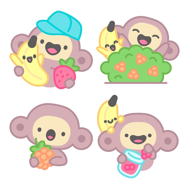 Berries stickers collection with monkey and banana