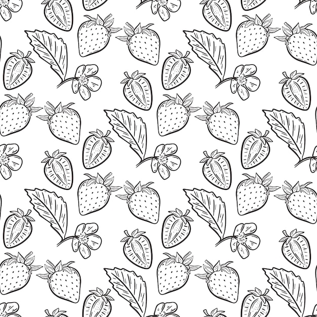 Berries strawberry flowers and leaves seamless pattern