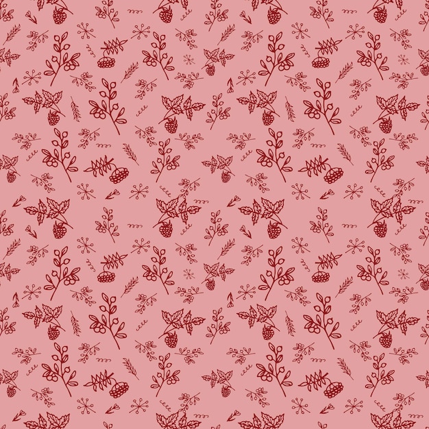 Berries and twigs on a rose background Hand drawn seamless pattern for textiles Vector illustration