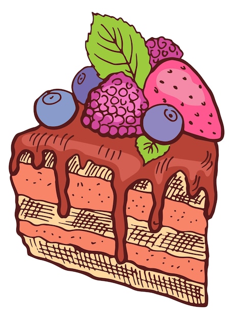 Vector berry cake slice met chocolade druipende zoete dessert doodle