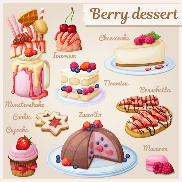 Collezione di dessert ai frutti di bosco icone vettoriali in stile cartone animato insieme di illustrazione di cibo dolce fragola lampone mirtillo e ciliegia colazione sana e dolce estivo fresco