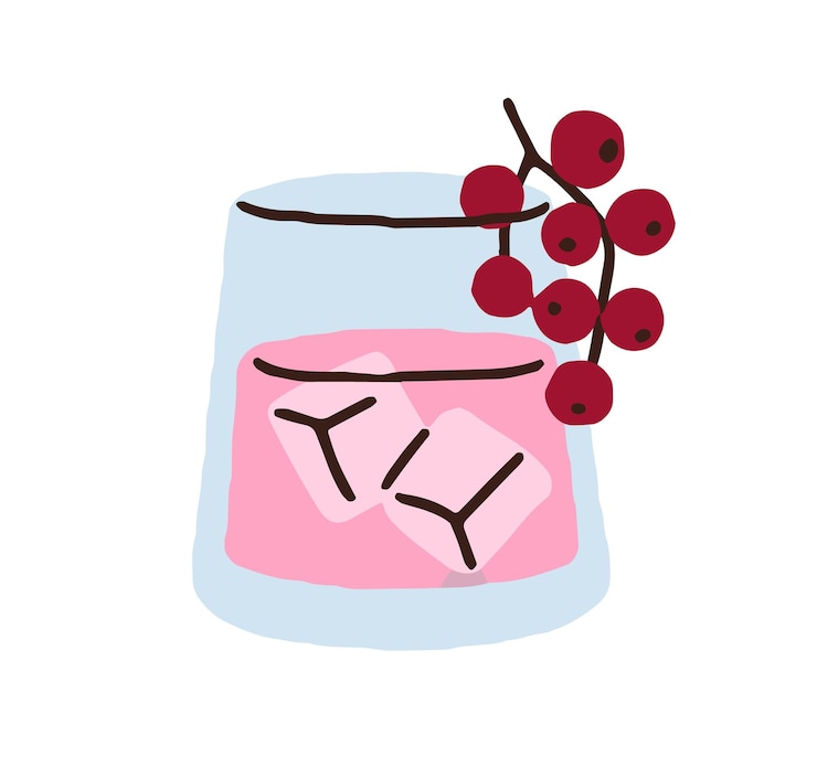 Vector berry drink in glass cold iced summer beverage cool fruit lemonade natural sweet refreshment shot refreshing cocktail redcurrant taste flat vector illustration isolated on white background