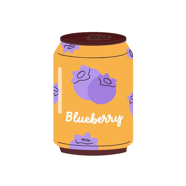 Berry drink lemonade in tin blueberry flavored soda juicy beverage packed in aluminum can cold cooling summer refreshment in metal jar flat vector illustration isolated on white background