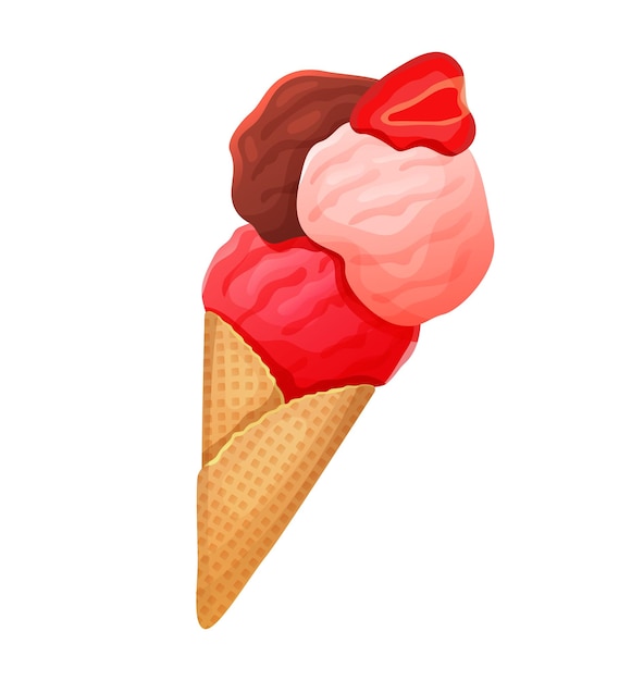 Berry en chocolade ijs met kegel versierd met aardbeien geïsoleerd op witte achtergrond