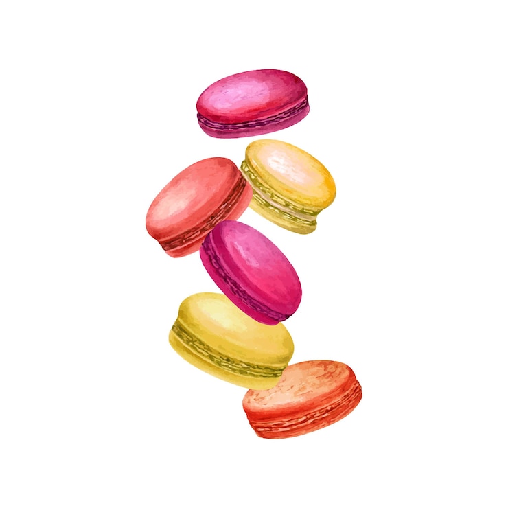 Vector berry flavored macaroons levitation red yellow orange macaron in motion falling or flying sweet dessert raspberry sea buckthorn cranberry watercolor illustration for package menu recipe